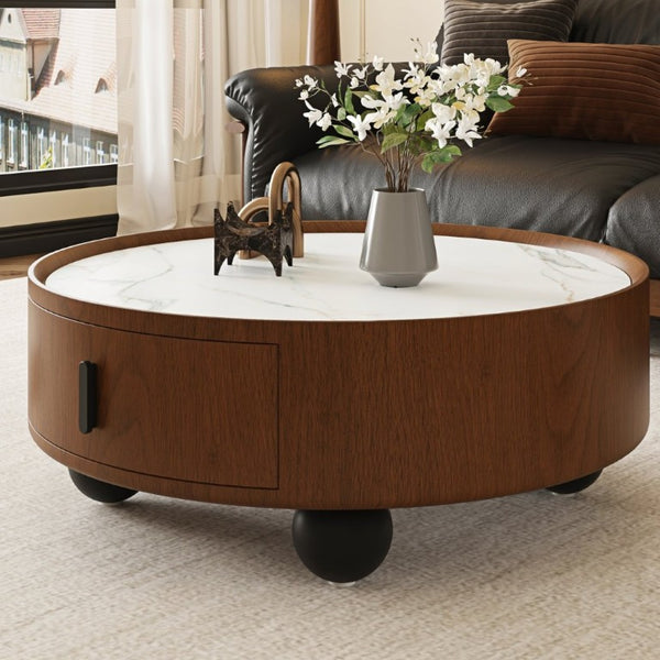 English Elm 35.43 Inch Round Stone Top Walnut Coffee Table with Hidden Drawer Mid-Century Modern W6002P517589