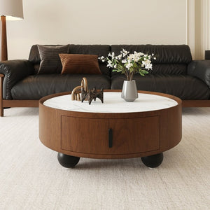 English Elm 35.43 Inch Round Stone Top Walnut Coffee Table with Hidden Drawer Mid-Century Modern W6002P517589