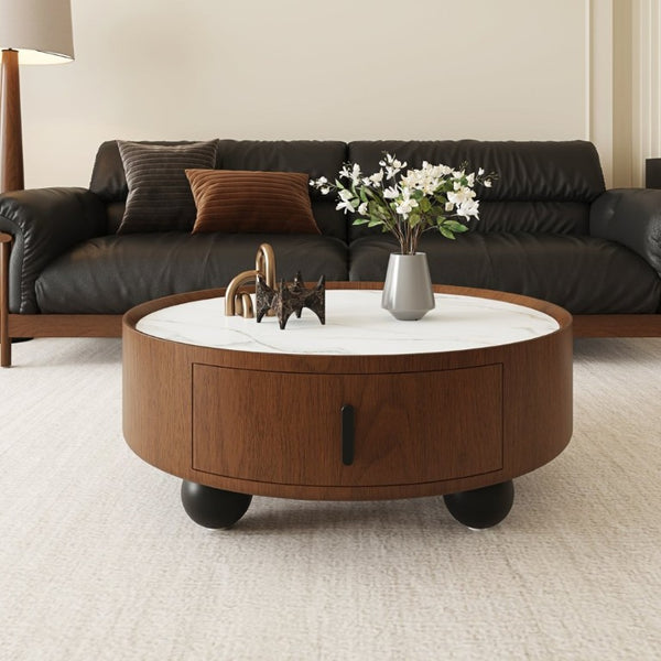 English Elm 35.43 Inch Round Stone Top Walnut Coffee Table with Hidden Drawer Mid-Century Modern W6002P517589