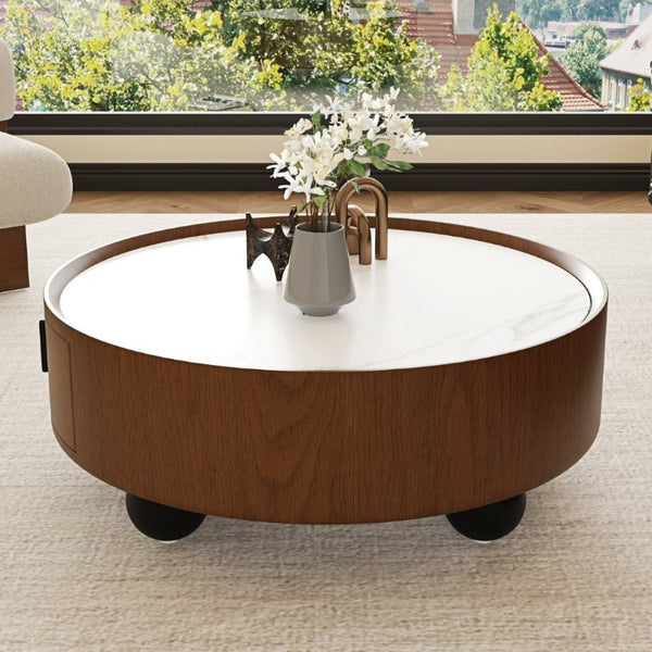 English Elm 35.43 Inch Round Stone Top Walnut Coffee Table with Hidden Drawer Mid-Century Modern W6002P517589