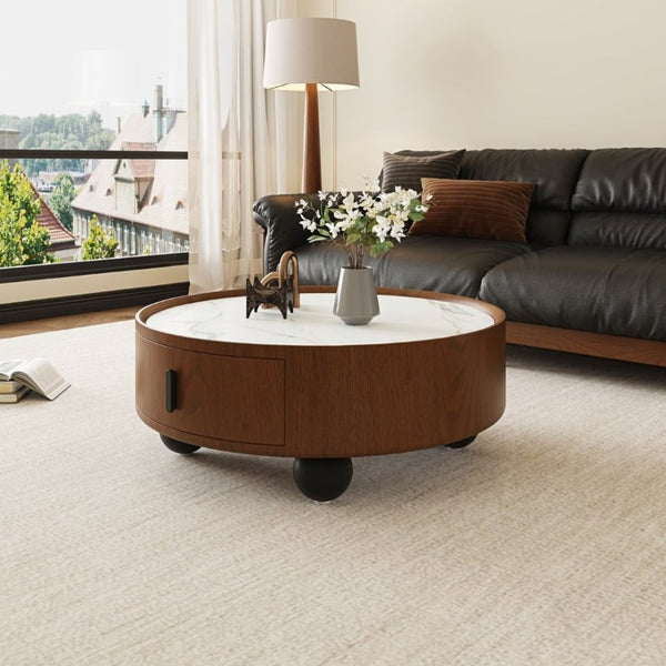 English Elm 35.43 Inch Round Stone Top Walnut Coffee Table with Hidden Drawer Mid-Century Modern W6002P517589