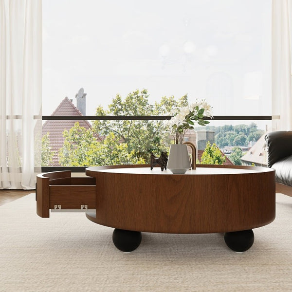 English Elm 35.43 Inch Round Stone Top Walnut Coffee Table with Hidden Drawer Mid-Century Modern W6002P517589