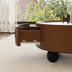 English Elm 35.43 Inch Round Stone Top Walnut Coffee Table with Hidden Drawer Mid-Century Modern W6002P517589