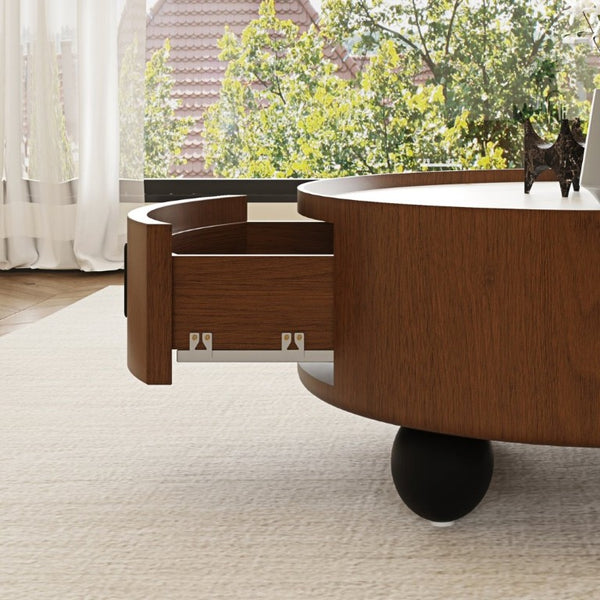 English Elm 35.43 Inch Round Stone Top Walnut Coffee Table with Hidden Drawer Mid-Century Modern W6002P517589