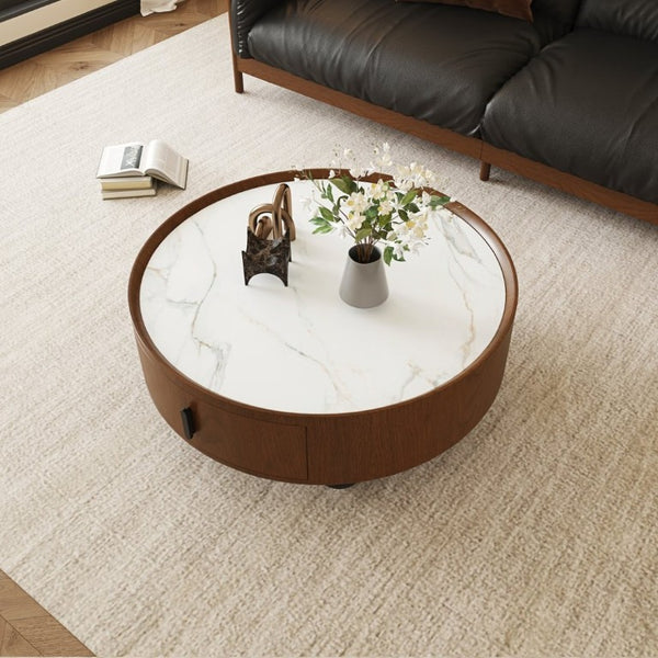 English Elm 35.43 Inch Round Stone Top Walnut Coffee Table with Hidden Drawer Mid-Century Modern W6002P517589