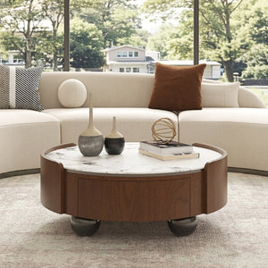 English Elm 35.43 Inch Round Stone Top Coffee Table Walnut Veneer Frame with Dual Drawers MCM Style W6002P517616