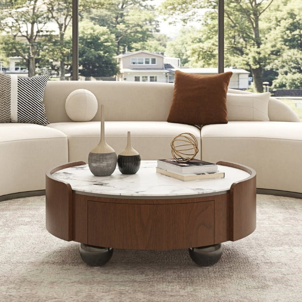 English Elm 35.43 Inch Round Stone Top Coffee Table Walnut Veneer Frame with Dual Drawers MCM Style W6002P517616