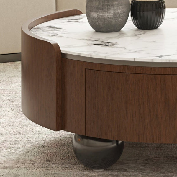 English Elm 35.43 Inch Round Stone Top Coffee Table Walnut Veneer Frame with Dual Drawers MCM Style W6002P517616