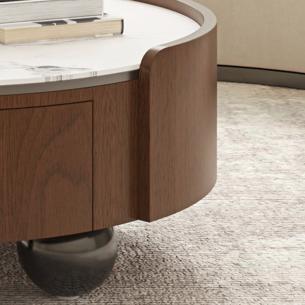 English Elm 35.43 Inch Round Stone Top Coffee Table Walnut Veneer Frame with Dual Drawers MCM Style W6002P517616