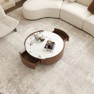 English Elm 35.43 Inch Round Stone Top Coffee Table Walnut Veneer Frame with Dual Drawers MCM Style W6002P517616