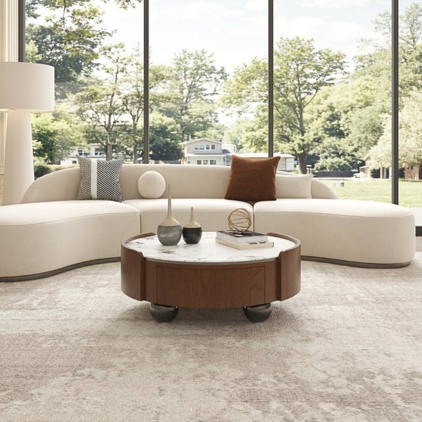English Elm 35.43 Inch Round Stone Top Coffee Table Walnut Veneer Frame with Dual Drawers MCM Style W6002P517616