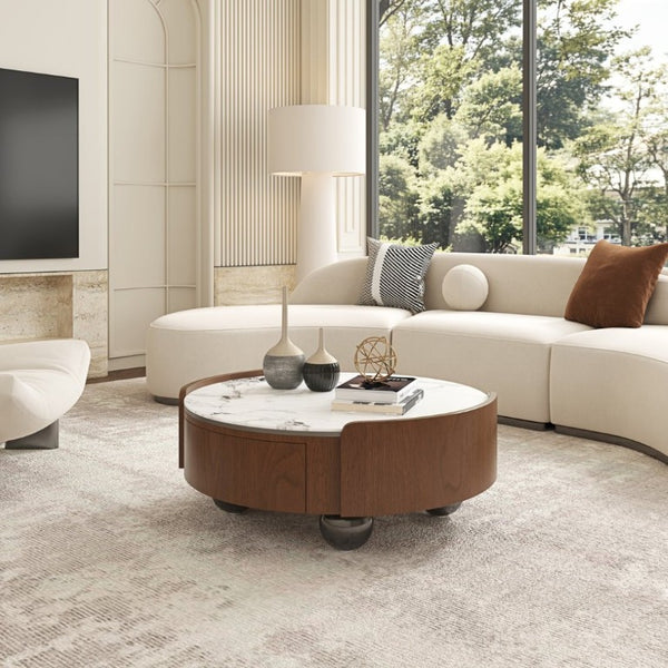 English Elm 35.43 Inch Round Stone Top Coffee Table Walnut Veneer Frame with Dual Drawers MCM Style W6002P517616