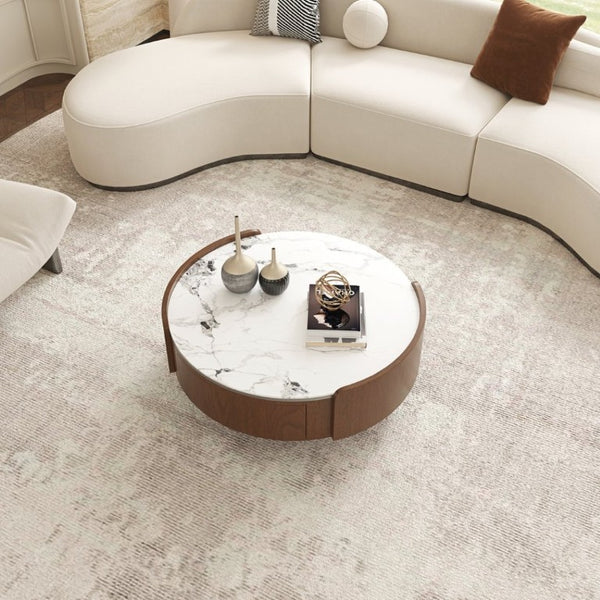 English Elm 35.43 Inch Round Stone Top Coffee Table Walnut Veneer Frame with Dual Drawers MCM Style W6002P517616