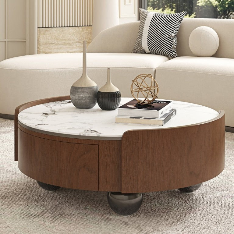 English Elm 35.43 Inch Round Stone Top Coffee Table Walnut Veneer Frame with Dual Drawers MCM Style W6002P517616