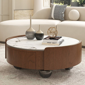 English Elm 35.43 Inch Round Stone Top Coffee Table Walnut Veneer Frame with Dual Drawers MCM Style W6002P517616