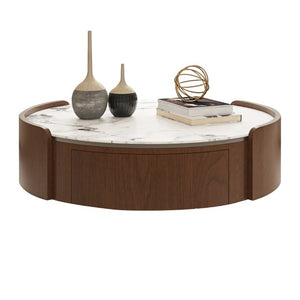 English Elm 35.43 Inch Round Stone Top Coffee Table Walnut Veneer Frame with Dual Drawers MCM Style W6002P517616