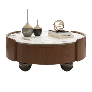 English Elm 35.43 Inch Round Stone Top Coffee Table Walnut Veneer Frame with Dual Drawers MCM Style W6002P517616