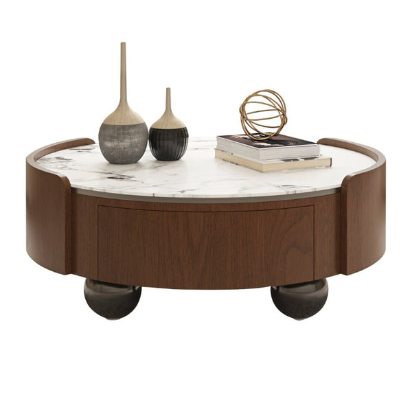 English Elm 35.43 Inch Round Stone Top Coffee Table Walnut Veneer Frame with Dual Drawers MCM Style W6002P517616
