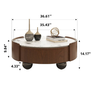 English Elm 35.43 Inch Round Stone Top Coffee Table Walnut Veneer Frame with Dual Drawers MCM Style W6002P517616