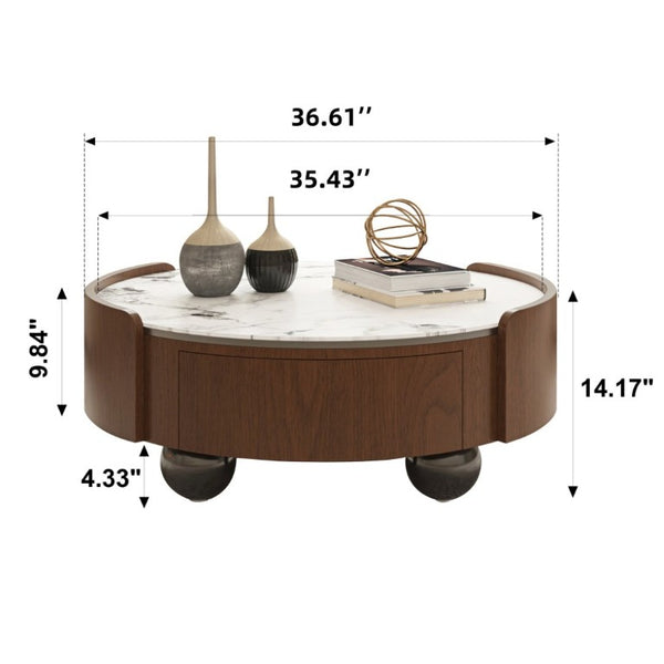 English Elm 35.43 Inch Round Stone Top Coffee Table Walnut Veneer Frame with Dual Drawers MCM Style W6002P517616