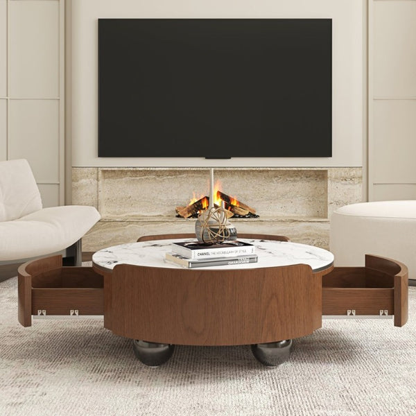 English Elm 35.43 Inch Round Stone Top Coffee Table Walnut Veneer Frame with Dual Drawers MCM Style W6002P517616