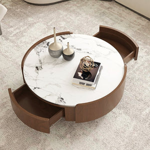 English Elm 35.43 Inch Round Stone Top Coffee Table Walnut Veneer Frame with Dual Drawers MCM Style W6002P517616