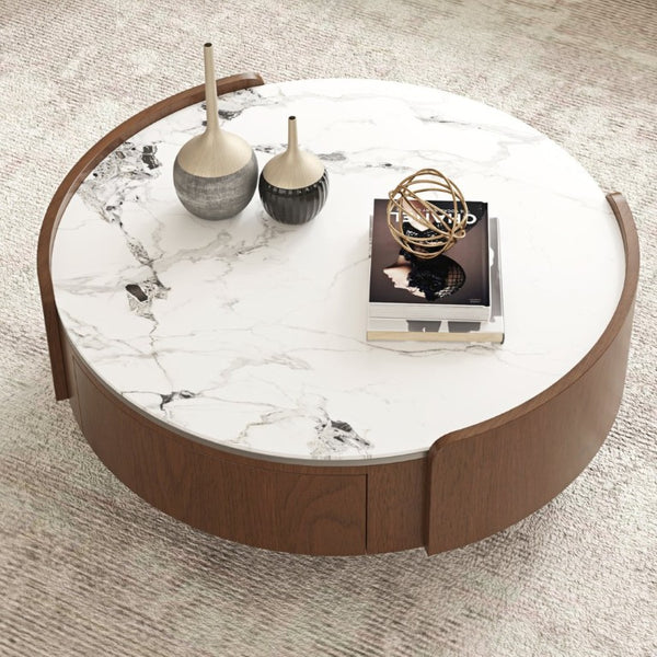 English Elm 35.43 Inch Round Stone Top Coffee Table Walnut Veneer Frame with Dual Drawers MCM Style W6002P517616