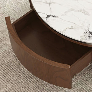 English Elm 35.43 Inch Round Stone Top Coffee Table Walnut Veneer Frame with Dual Drawers MCM Style W6002P517616