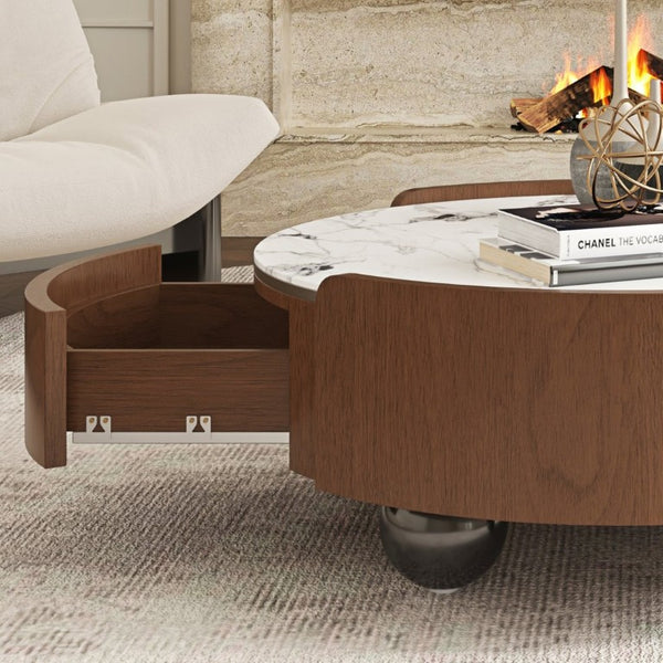 English Elm 35.43 Inch Round Stone Top Coffee Table Walnut Veneer Frame with Dual Drawers MCM Style W6002P517616