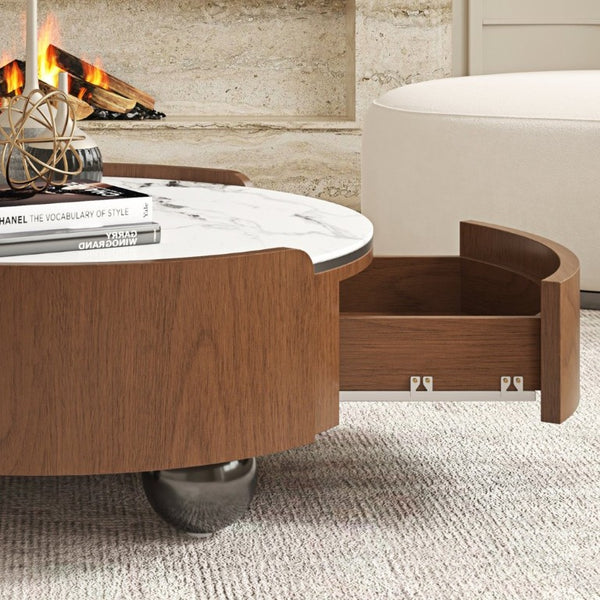 English Elm 35.43 Inch Round Stone Top Coffee Table Walnut Veneer Frame with Dual Drawers MCM Style W6002P517616