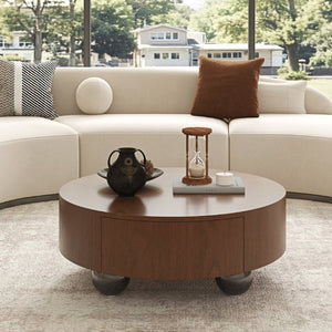 English Elm 35.43 Inch Round Walnut Veneer Coffee Table with Dual Hidden Drawers and Sphere Legs W6002P517635