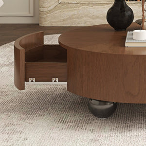 English Elm 35.43 Inch Round Walnut Veneer Coffee Table with Dual Hidden Drawers and Sphere Legs W6002P517635