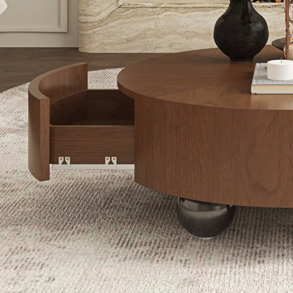 English Elm 35.43 Inch Round Walnut Veneer Coffee Table with Dual Hidden Drawers and Sphere Legs W6002P517635