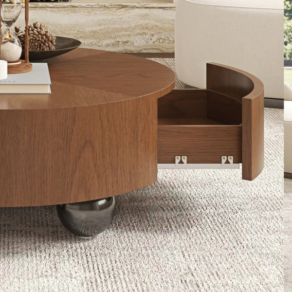 English Elm 35.43 Inch Round Walnut Veneer Coffee Table with Dual Hidden Drawers and Sphere Legs W6002P517635