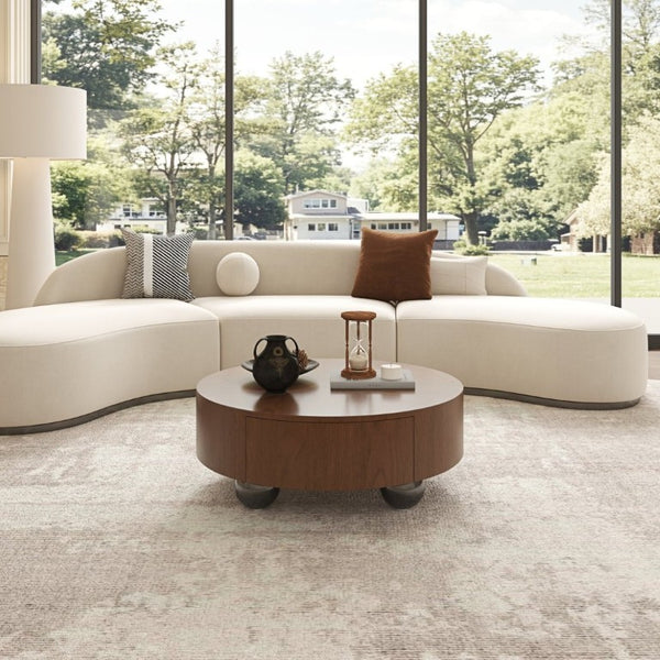 English Elm 35.43 Inch Round Walnut Veneer Coffee Table with Dual Hidden Drawers and Sphere Legs W6002P517635