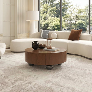 English Elm 35.43 Inch Round Walnut Veneer Coffee Table with Dual Hidden Drawers and Sphere Legs W6002P517635