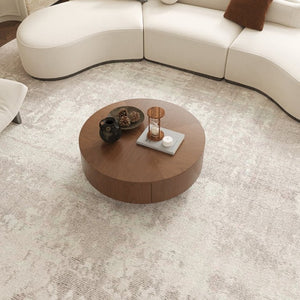 English Elm 35.43 Inch Round Walnut Veneer Coffee Table with Dual Hidden Drawers and Sphere Legs W6002P517635
