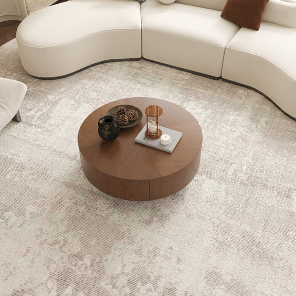 English Elm 35.43 Inch Round Walnut Veneer Coffee Table with Dual Hidden Drawers and Sphere Legs W6002P517635