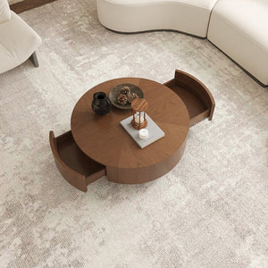English Elm 35.43 Inch Round Walnut Veneer Coffee Table with Dual Hidden Drawers and Sphere Legs W6002P517635