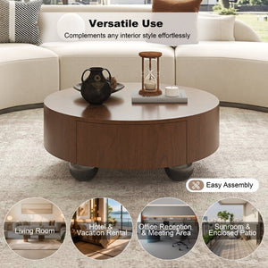 English Elm 35.43 Inch Round Walnut Veneer Coffee Table with Dual Hidden Drawers and Sphere Legs W6002P517635