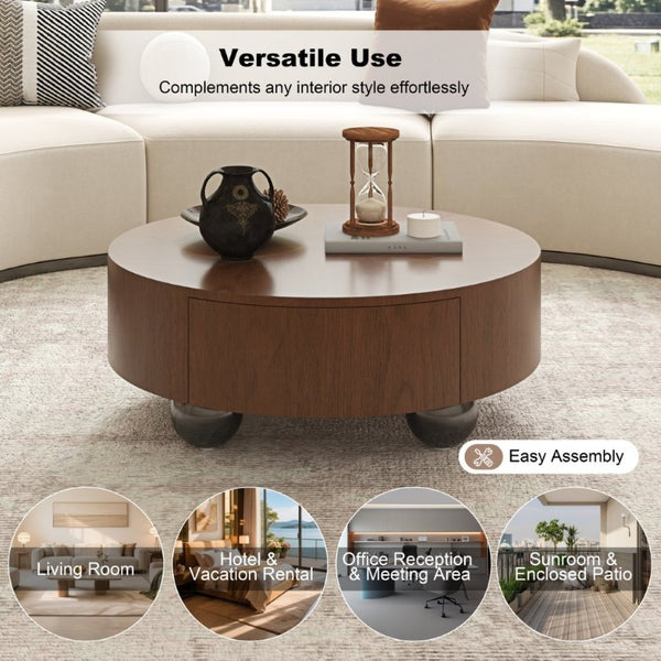 English Elm 35.43 Inch Round Walnut Veneer Coffee Table with Dual Hidden Drawers and Sphere Legs W6002P517635