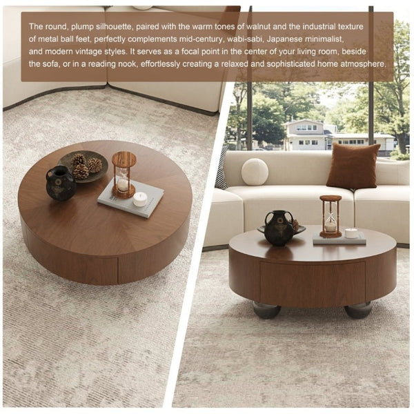 English Elm 35.43 Inch Round Walnut Veneer Coffee Table with Dual Hidden Drawers and Sphere Legs W6002P517635