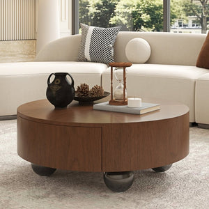 English Elm 35.43 Inch Round Walnut Veneer Coffee Table with Dual Hidden Drawers and Sphere Legs W6002P517635