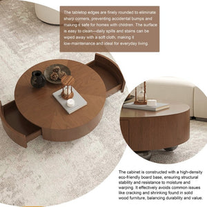 English Elm 35.43 Inch Round Walnut Veneer Coffee Table with Dual Hidden Drawers and Sphere Legs W6002P517635