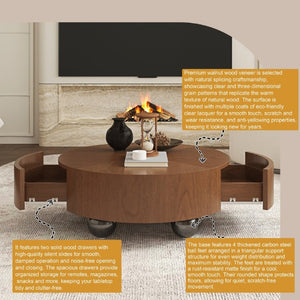 English Elm 35.43 Inch Round Walnut Veneer Coffee Table with Dual Hidden Drawers and Sphere Legs W6002P517635