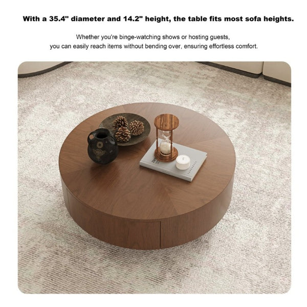English Elm 35.43 Inch Round Walnut Veneer Coffee Table with Dual Hidden Drawers and Sphere Legs W6002P517635