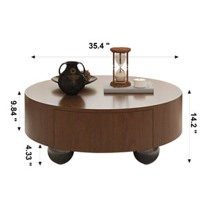 English Elm 35.43 Inch Round Walnut Veneer Coffee Table with Dual Hidden Drawers and Sphere Legs W6002P517635