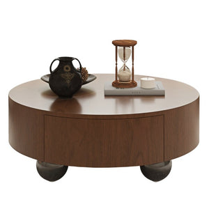 English Elm 35.43 Inch Round Walnut Veneer Coffee Table with Dual Hidden Drawers and Sphere Legs W6002P517635