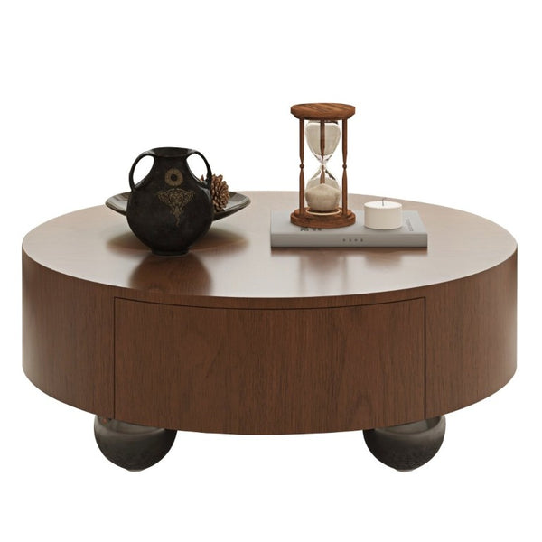 English Elm 35.43 Inch Round Walnut Veneer Coffee Table with Dual Hidden Drawers and Sphere Legs W6002P517635