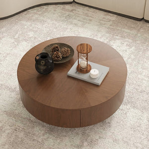 English Elm 35.43 Inch Round Walnut Veneer Coffee Table with Dual Hidden Drawers and Sphere Legs W6002P517635